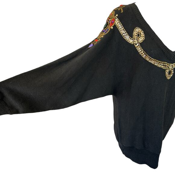 SML Beaded Sweater Large Black Gold Braid‎ Jewel Party NYE Holiday Glam Vintage - Picture 8 of 14